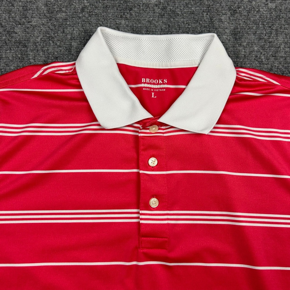 Brooks Brothers Polo Shirt Mens L Red Striped Performance Stretch Golden Fleece